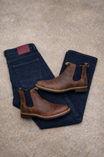 Mens Boot Bundle - Dark Denim straight leg jean & M008 Waxed Boot (Brown)