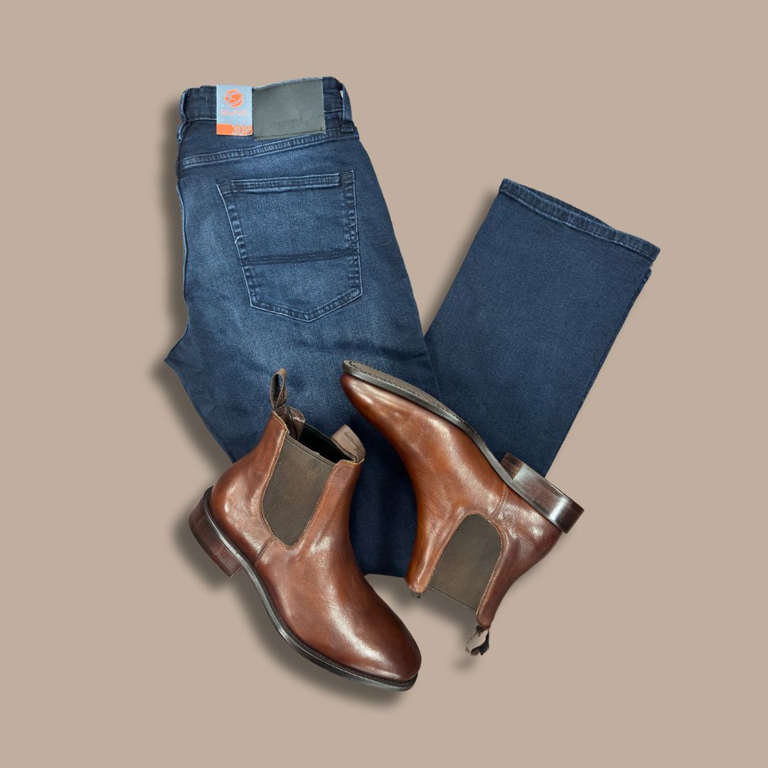 Harrison Handmade Chelsea Boot Brown + Dark Denim Jean