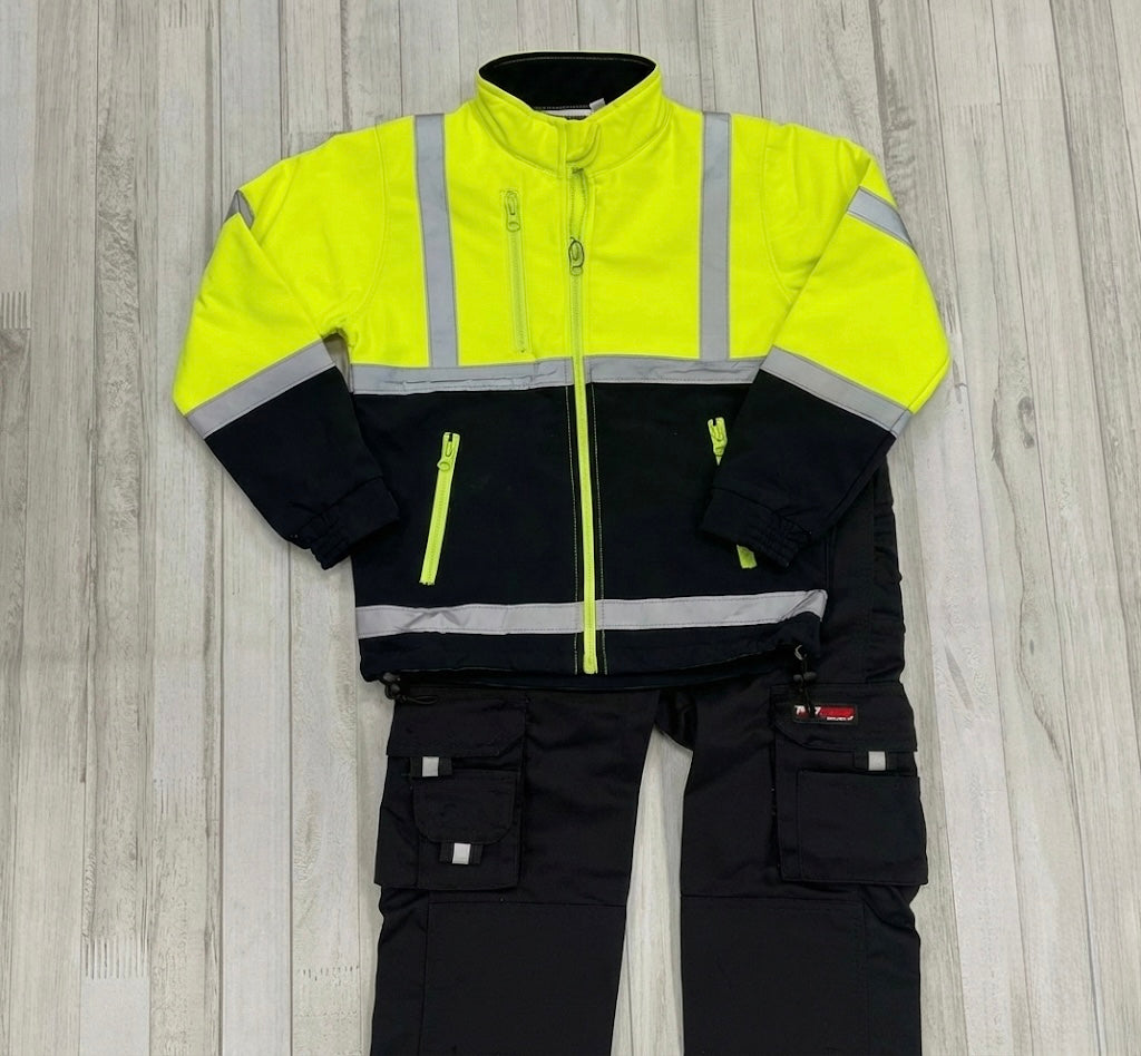 (Pre-Order New Year) Kids Hi-Vis Jacket (Yellow/Navy) & Work Trouser (Black) - Bundle