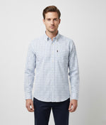 Men’s Classic Check Oxford Shirt – Long Sleeve Button-Down | Smart Casual Work Shirt (White & Blue Grid)