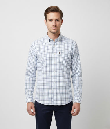 Men’s Classic Check Oxford Shirt – Long Sleeve Button-Down | Smart Casual Work Shirt (White & Blue Grid)
