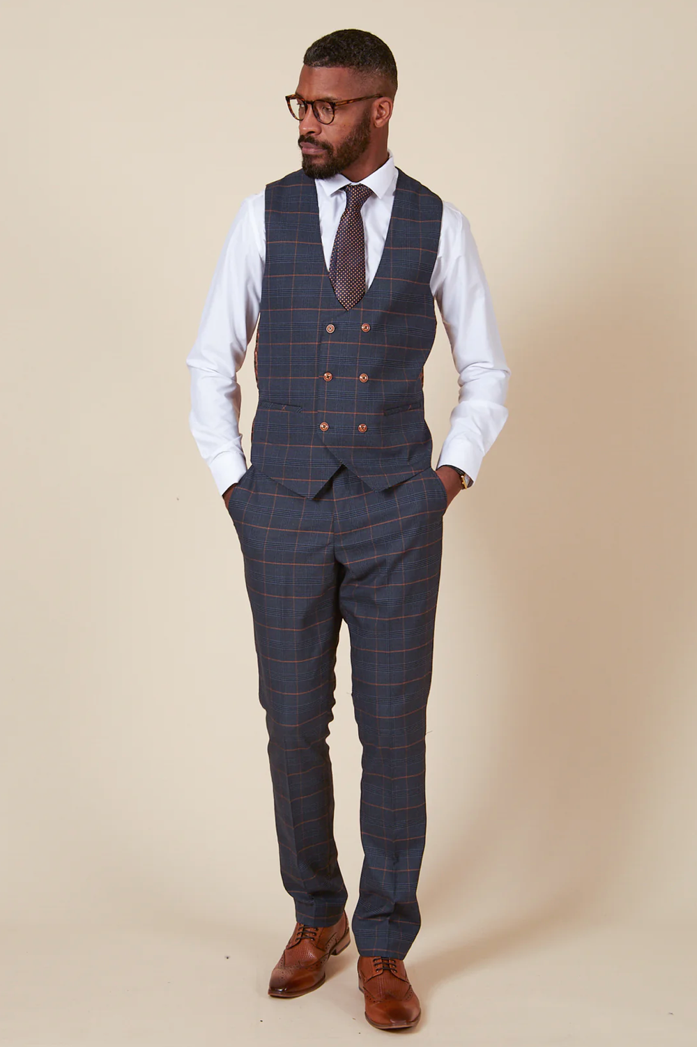 Jenson Check Double Breasted Waistcoat - Marine Navy