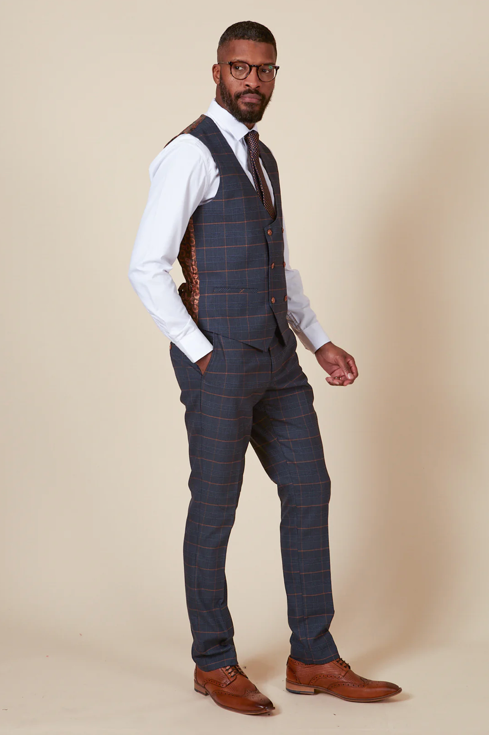 Jenson Check Double Breasted Waistcoat - Marine Navy