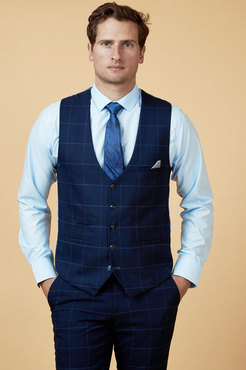 Edinson Check Single Breasted Waistcoat - Navy Sky