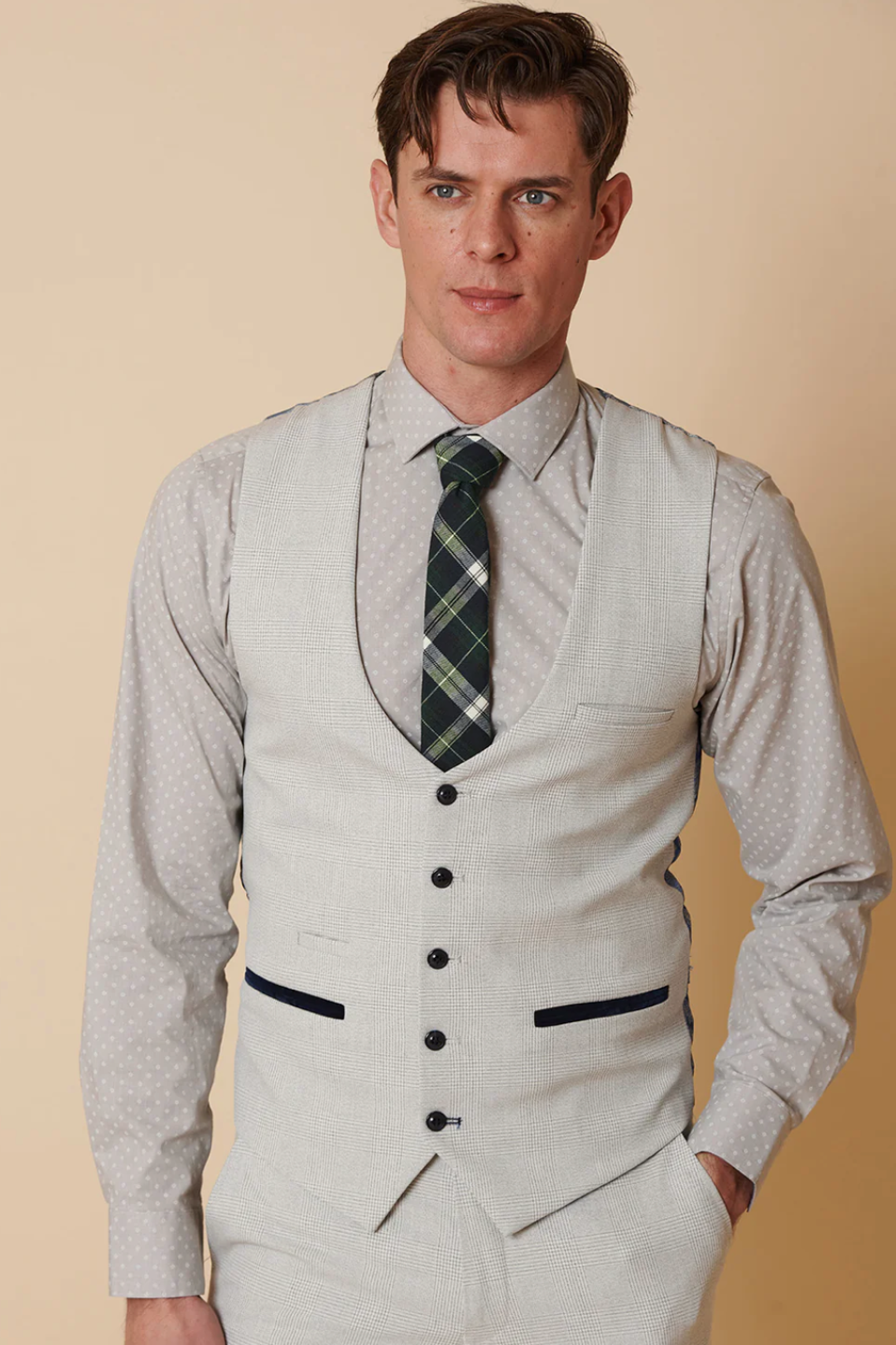 Bromley Check Single Breasted Waistcoat - Stone