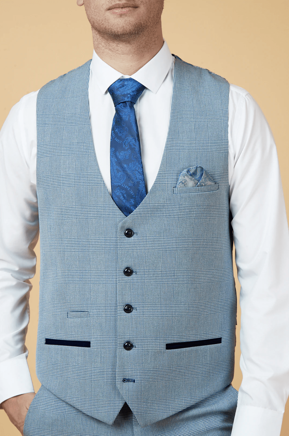 Bromley Check Single Breasted Waistcoat - Sky Blue - GLS Clothing