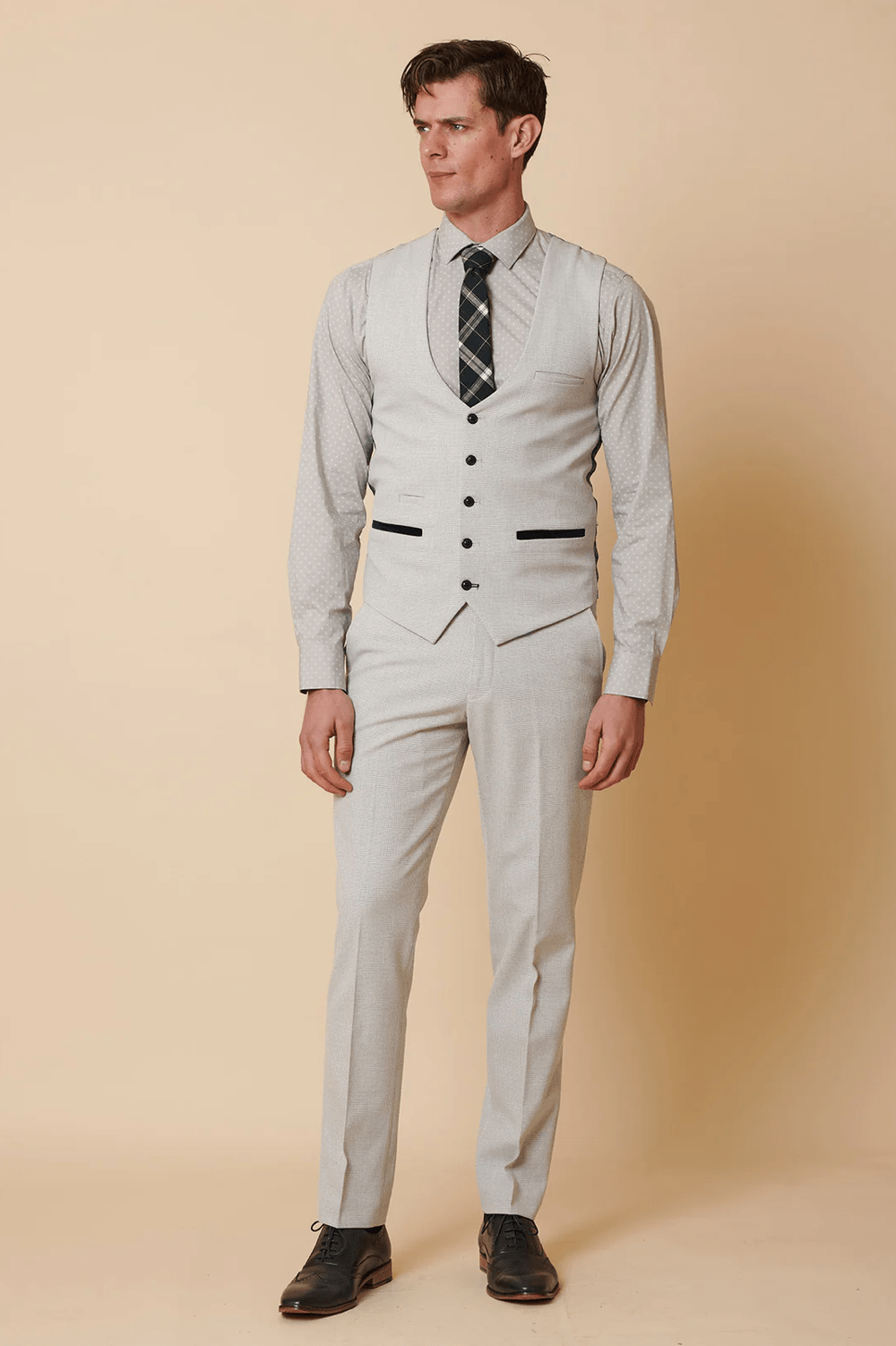 Bromley Check Single Breasted Waistcoat - Stone - GLS Clothing