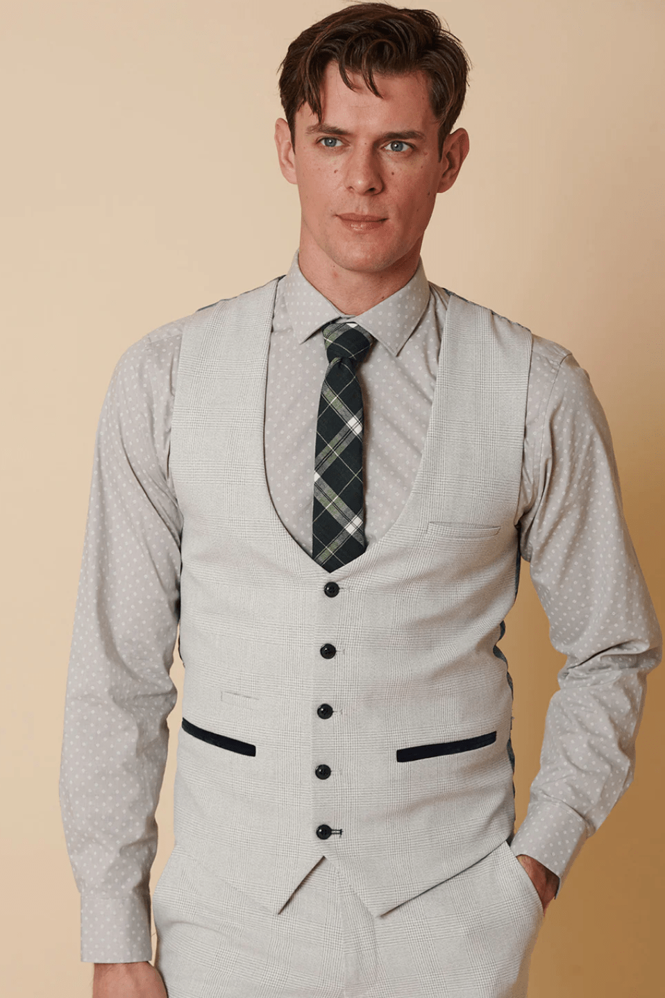 Bromley Check Single Breasted Waistcoat - Stone - GLS Clothing