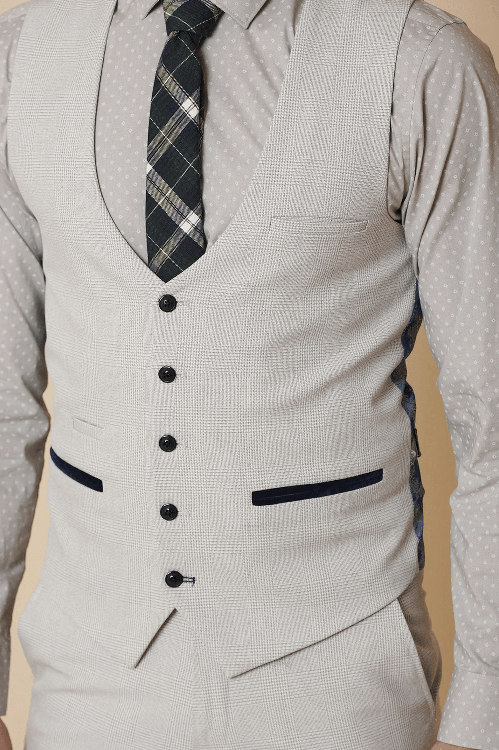 Bromley Check Single Breasted Waistcoat - Stone - GLS Clothing