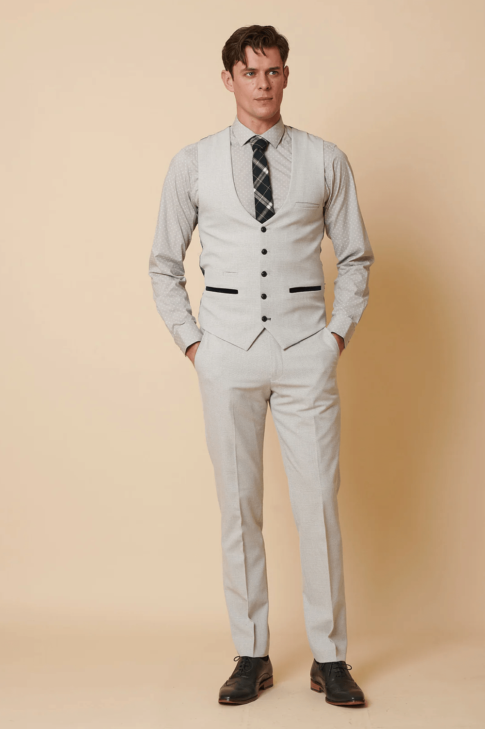 Bromley Check Single Breasted Waistcoat - Stone - GLS Clothing
