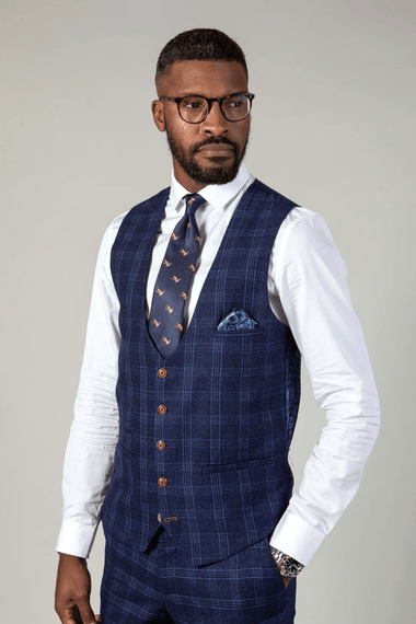 Chigwell Check Single Breasted Waistcoat - Blue Tweed - GLS Clothing