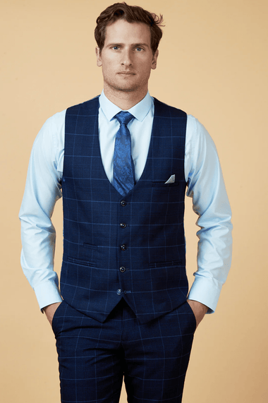 Edinson Check Single Breasted Waistcoat - Navy Sky - GLS Clothing