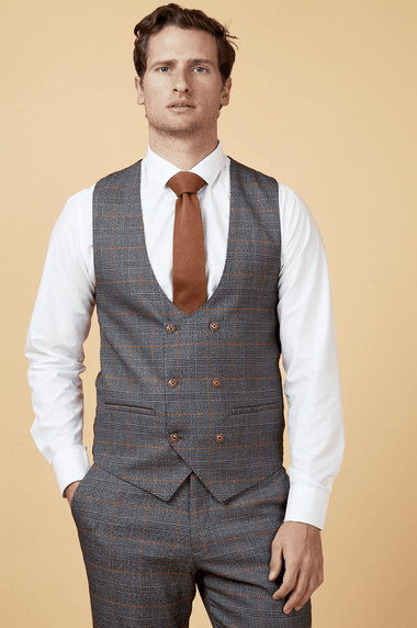 Jenson Check Double Breasted Waistcoat - Grey - GLS Clothing
