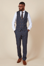 Jenson Check Double Breasted Waistcoat - Marine Navy - GLS Clothing