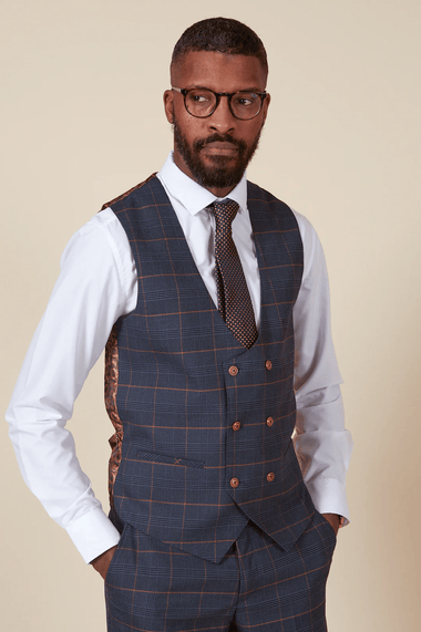 Jenson Check Double Breasted Waistcoat - Marine Navy - GLS Clothing