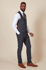 Jenson Check Double Breasted Waistcoat - Marine Navy - GLS Clothing