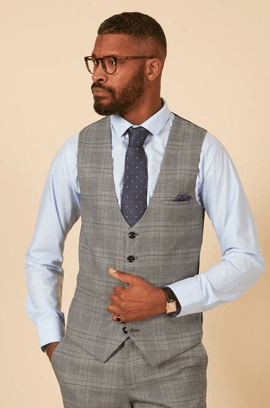 Jerry Check Single Breasted Waistcoat - Grey - GLS Clothing