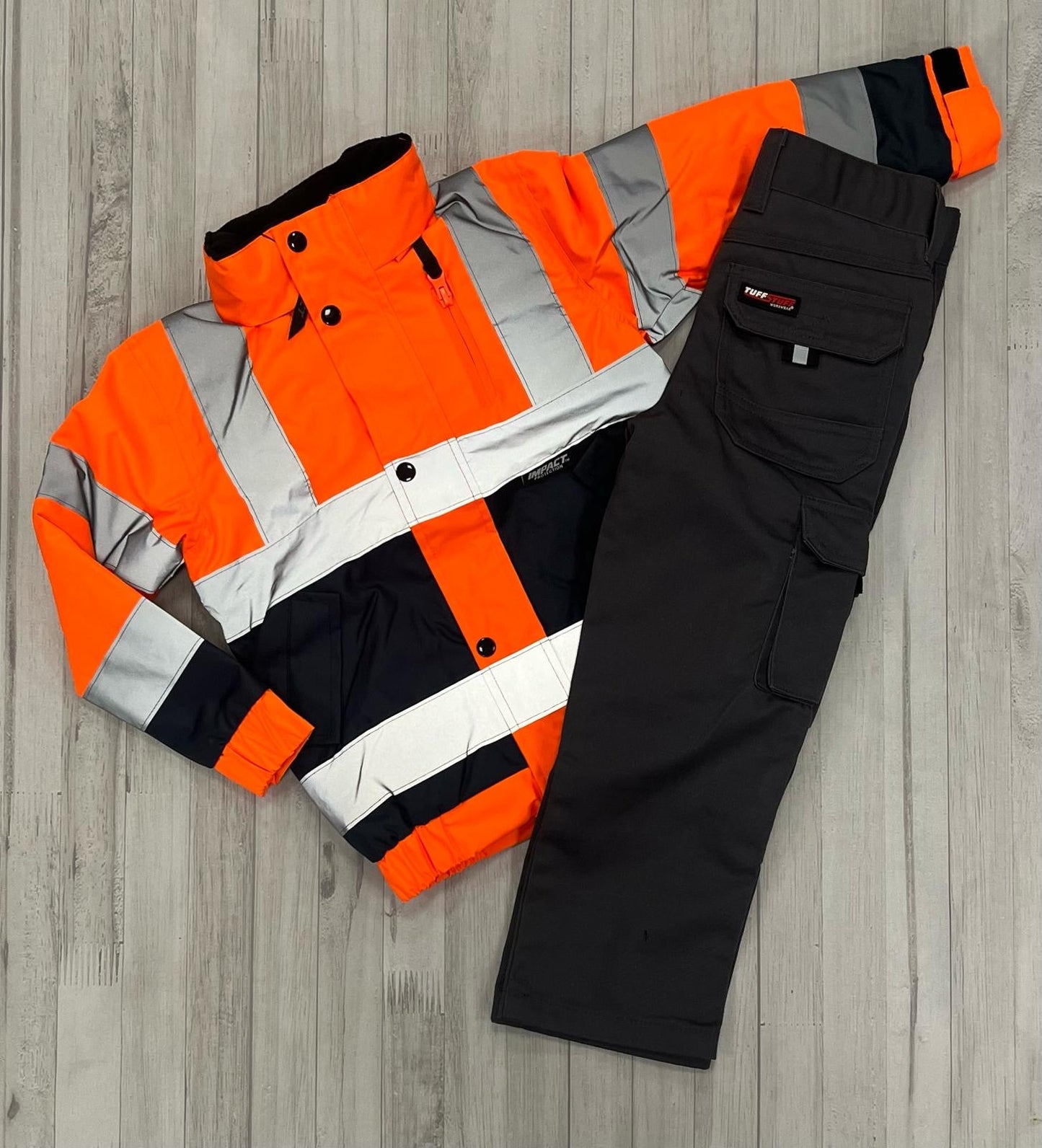 Kids Hi - Vis Jacket (Orange) & Work Trouser (Grey) - Bundle - GLS Clothing