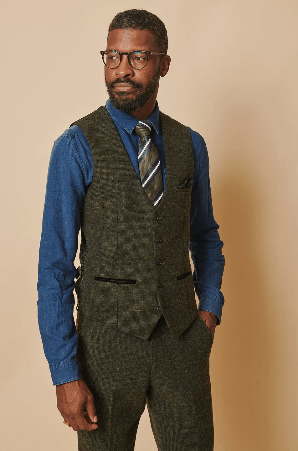 Marlow Tweed Single Breasted Waistcoat - Olive Green - GLS Clothing