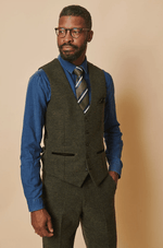 Marlow Tweed Single Breasted Waistcoat - Olive Green - GLS Clothing