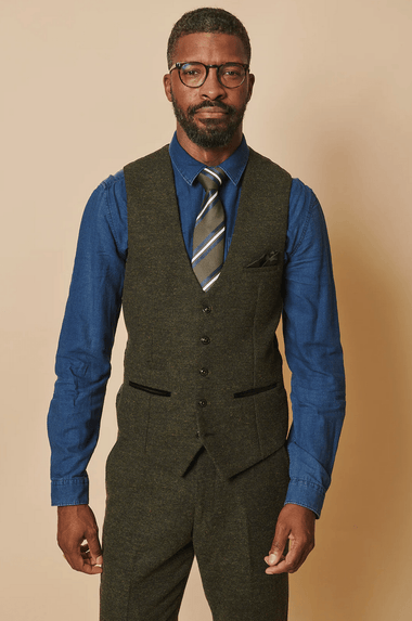 Marlow Tweed Single Breasted Waistcoat - Olive Green - GLS Clothing