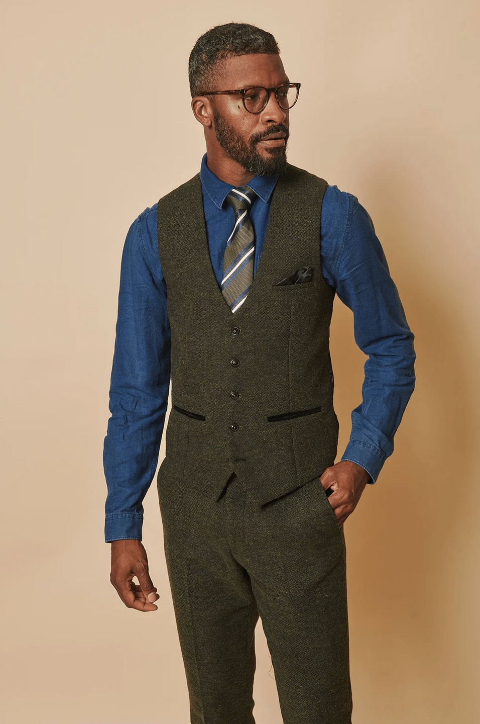 Marlow Tweed Single Breasted Waistcoat - Olive Green - GLS Clothing