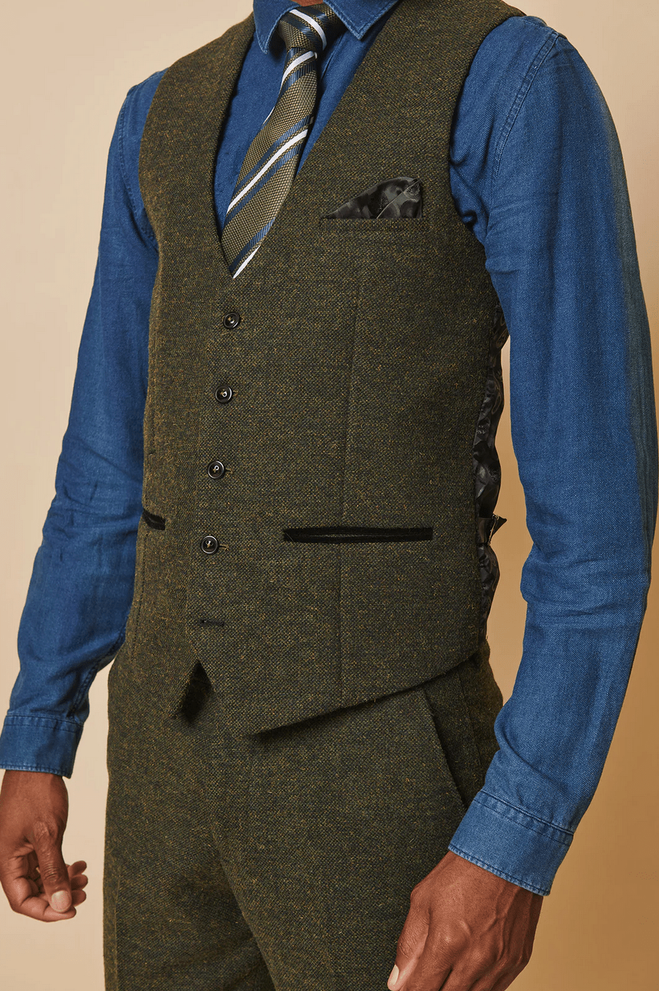 Marlow Tweed Single Breasted Waistcoat - Olive Green - GLS Clothing