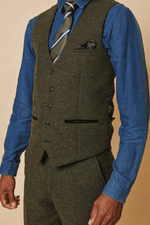 Marlow Tweed Single Breasted Waistcoat - Olive Green - GLS Clothing