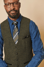 Marlow Tweed Single Breasted Waistcoat - Olive Green - GLS Clothing