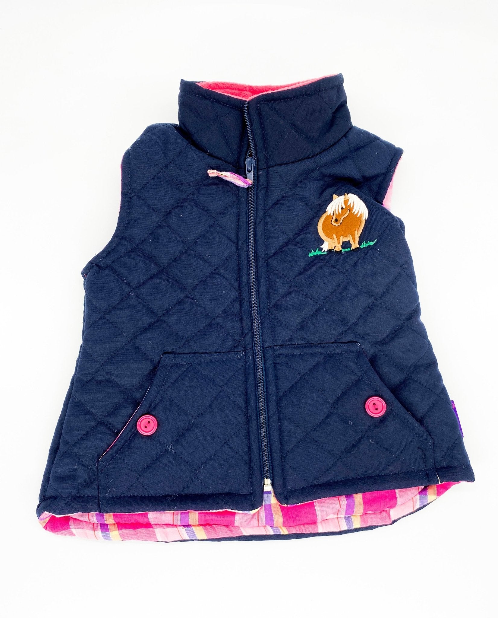 Girl s Gilet Body Warmer Diamond Stitch Pony Embroidered NAVY