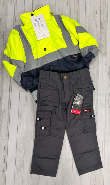 Kids Hi - Vis Jacket (Yellow) & Work Trouser (Grey) - Bundle - GLS Clothing